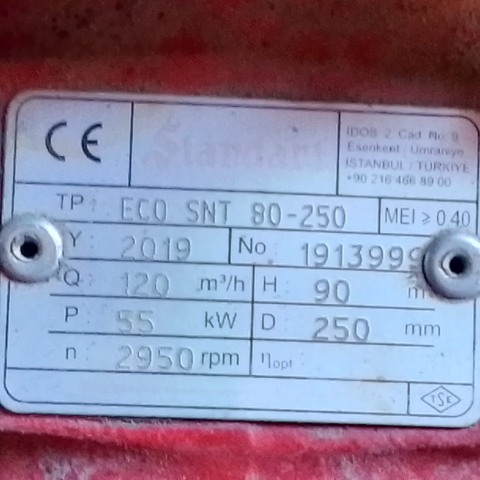 55 kW Elektrik Motorlu 80-250 Santrafüj Pompalı 240 m3/h Kapasiteli Yangın Söndürme Sprinkler Sistemi